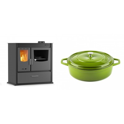 Set Küchenofen / Küchenhexe mit Backofen und Kochplatte Velmora Fire ATS ΜΑSΙΝΑ PLUS 900, 12.15kW + Gusseisen Topf Flach Solagio, Bamboo, Ф28 - Kaminofen - Holzofen mit Backfach
