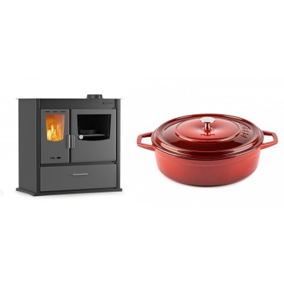Set Küchenofen / Küchenhexe mit Backofen und Kochplatte Velmora Fire ATS ΜΑSΙΝΑ PLUS 900, 12.15kW + Gusseisen Topf Flach Solagio, Rubin, Ф28 - Kaminofen - Holzofen mit Backfach