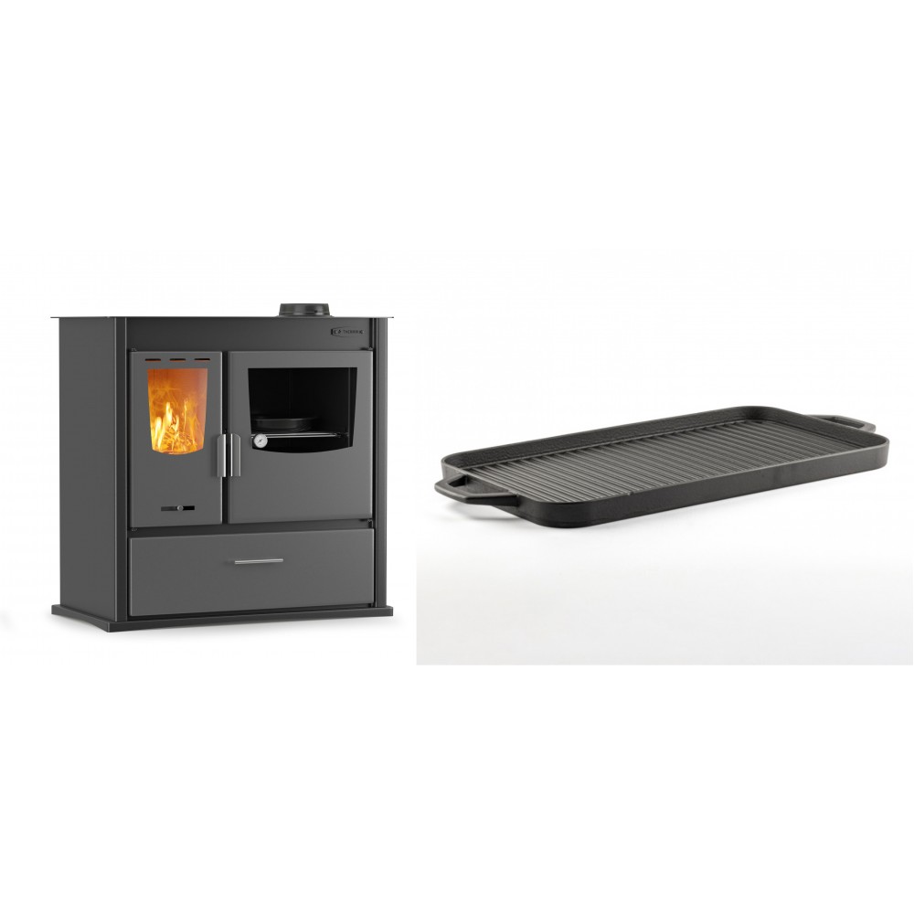 Set Küchenofen / Küchenhexe mit Backofen und Kochplatte Velmora Fire ATS ΜΑSΙΝΑ PLUS 900, 12.15kW + Große Grillplatte aus Gusseisen Solagio, 25x44cm | Holzofen | Kaminofen |