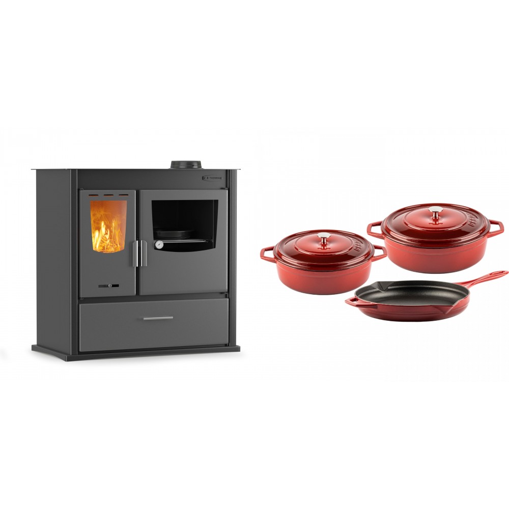 Set Küchenofen / Küchenhexe mit Backofen und Kochplatte Velmora Fire ATS ΜΑSΙΝΑ PLUS 900, 12.15kW + Gusseisen Topf Set aus 3 teilen Solagio, Rubin | Holzofen | Kaminofen |