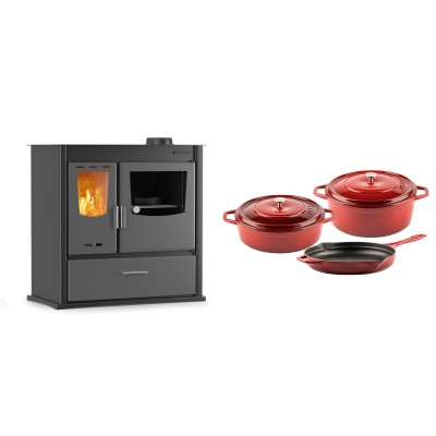 Set Küchenofen / Küchenhexe mit Backofen und Kochplatte Velmora Fire ATS ΜΑSΙΝΑ PLUS 900, 12.15kW + Gusseisen Topf Set aus 3 teilen Solagio, Rubin - Kaminofen - Holzofen mit Backfach