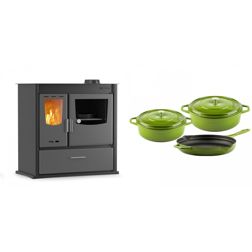 Set Küchenofen / Küchenhexe mit Backofen und Kochplatte Velmora Fire ATS ΜΑSΙΝΑ PLUS 900, 12.15kW + Gusseisen Topf Set aus 3 teilen Solagio, Bamboo | Holzofen | Kaminofen |