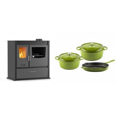Set Küchenofen / Küchenhexe mit Backofen und Kochplatte Velmora Fire ATS ΜΑSΙΝΑ PLUS 900, 12.15kW + Gusseisen Topf Set aus 3 teilen Solagio, Bamboo - Kaminofen - Holzofen mit Backfach