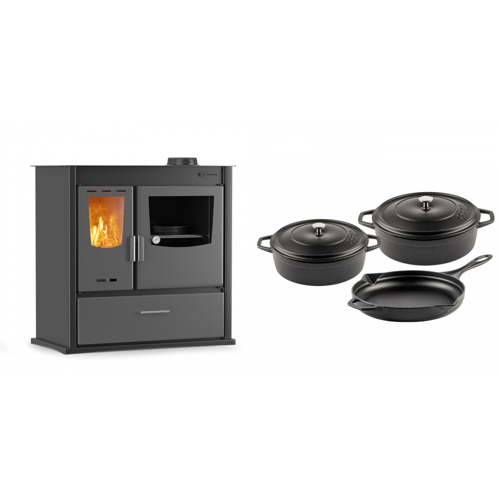 Set Küchenofen / Küchenhexe mit Backofen und Kochplatte Velmora Fire ATS ΜΑSΙΝΑ PLUS 900, 12.15kW + Gusseisen Topf Set aus 3 teilen Solagio, Black Onyx