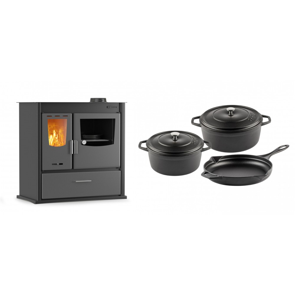 Set Küchenofen / Küchenhexe mit Backofen und Kochplatte Velmora Fire ATS ΜΑSΙΝΑ PLUS 900, 12.15kW + Gusseisen Topf Set aus 3 teilen Solagio, Black Onyx