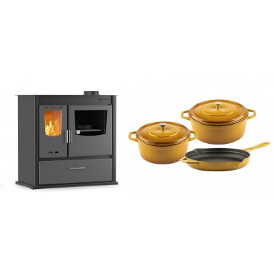 Set Küchenofen / Küchenhexe mit Backofen und Kochplatte Velmora Fire ATS ΜΑSΙΝΑ PLUS 900, 12.15kW + Gusseisen Topf Set aus 3 teilen Solagio, Dijon - Kaminofen - Holzofen mit Backfach