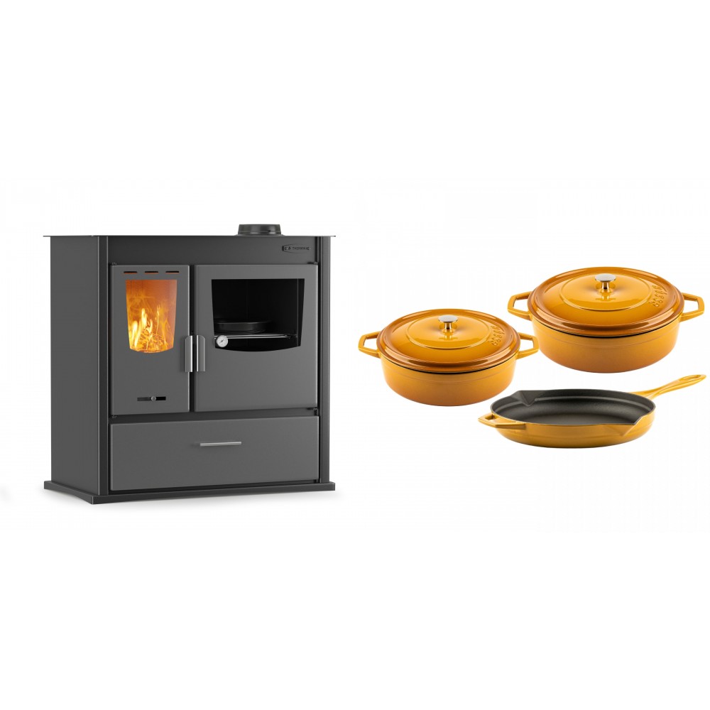 Set Küchenofen / Küchenhexe mit Backofen und Kochplatte Velmora Fire ATS ΜΑSΙΝΑ PLUS 900, 12.15kW + Gusseisen Topf Set aus 3 teilen Solagio, Dijon | Holzofen | Kaminofen |