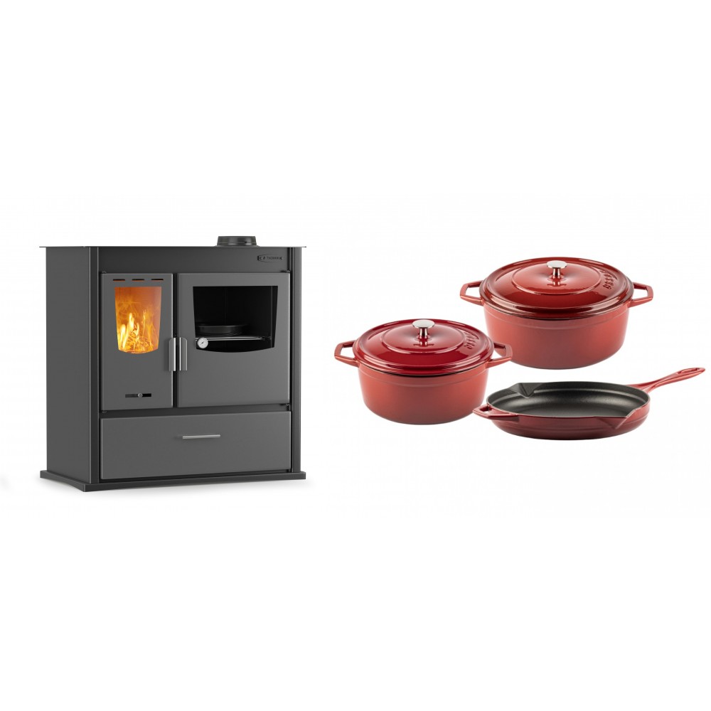 Set Küchenofen / Küchenhexe mit Backofen und Kochplatte Velmora Fire ATS ΜΑSΙΝΑ PLUS 900, 12.15kW + Gusseisen Topf Set aus 3 teilen Solagio, Rubin | Holzofen | Kaminofen |