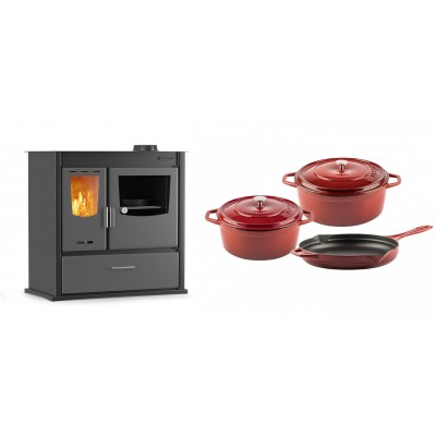 Set Küchenofen / Küchenhexe mit Backofen und Kochplatte Velmora Fire ATS ΜΑSΙΝΑ PLUS 900, 12.15kW + Gusseisen Topf Set aus 3 teilen Solagio, Rubin - Kaminofen - Holzofen mit Backfach