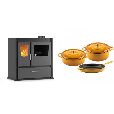 Set Küchenofen / Küchenhexe mit Backofen und Kochplatte Velmora Fire ATS ΜΑSΙΝΑ PLUS 900, 12.15kW + Gusseisen Topf Set aus 3 teilen Solagio, Dijon - Kaminofen - Holzofen mit Backfach