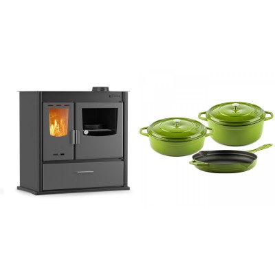 Set Küchenofen / Küchenhexe mit Backofen und Kochplatte Velmora Fire ATS ΜΑSΙΝΑ PLUS 900, 12.15kW + Gusseisen Topf Set aus 3 teilen Solagio, Bamboo - Kaminofen - Holzofen mit Backfach