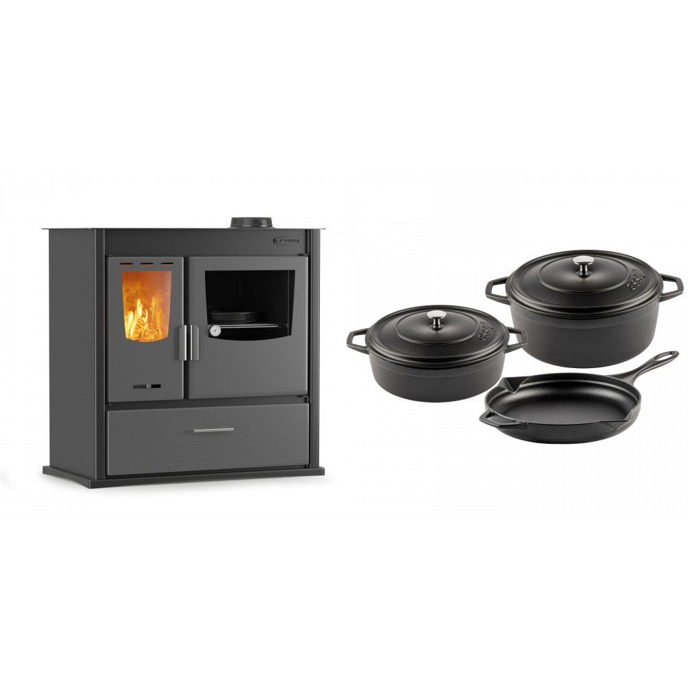 Set Küchenofen / Küchenhexe mit Backofen und Kochplatte Velmora Fire ATS ΜΑSΙΝΑ PLUS 900, 12.15kW + Gusseisen Topf Set aus 3 teilen Solagio, Black Onyx