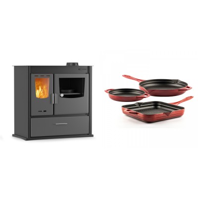 Set Küchenofen / Küchenhexe mit Backofen und Kochplatte Velmora Fire ATS ΜΑSΙΝΑ PLUS 900, 12.15kW + Gusseisen Topf Set aus 3 teilen Solagio, Rubin - Kaminofen - Holzofen mit Backfach