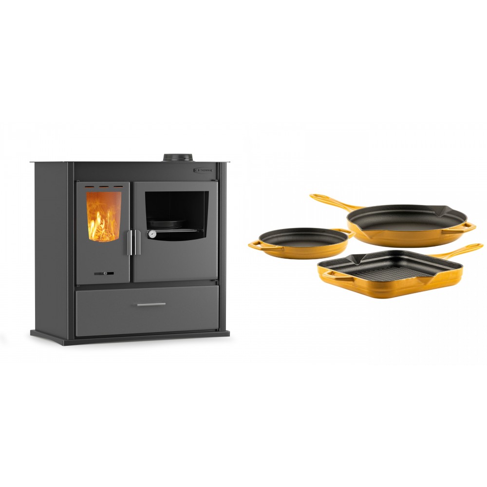 Set Küchenofen / Küchenhexe mit Backofen und Kochplatte Velmora Fire ATS ΜΑSΙΝΑ PLUS 900, 12.15kW + Gusseisen Topf Set aus 3 teilen Solagio, Dijon | Holzofen | Kaminofen |
