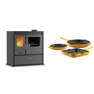 Set Küchenofen / Küchenhexe mit Backofen und Kochplatte Velmora Fire ATS ΜΑSΙΝΑ PLUS 900, 12.15kW + Gusseisen Topf Set aus 3 teilen Solagio, Dijon - Kaminofen - Holzofen mit Backfach