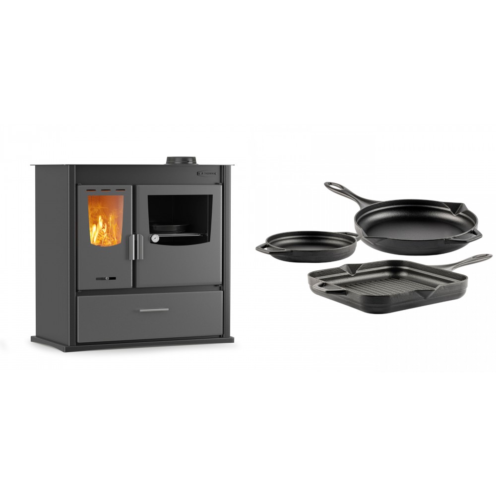 Set Küchenofen / Küchenhexe mit Backofen und Kochplatte Velmora Fire ATS ΜΑSΙΝΑ PLUS 900, 12.15kW + Gusseisen Topf Set aus 3 teilen Solagio, Black Onyx