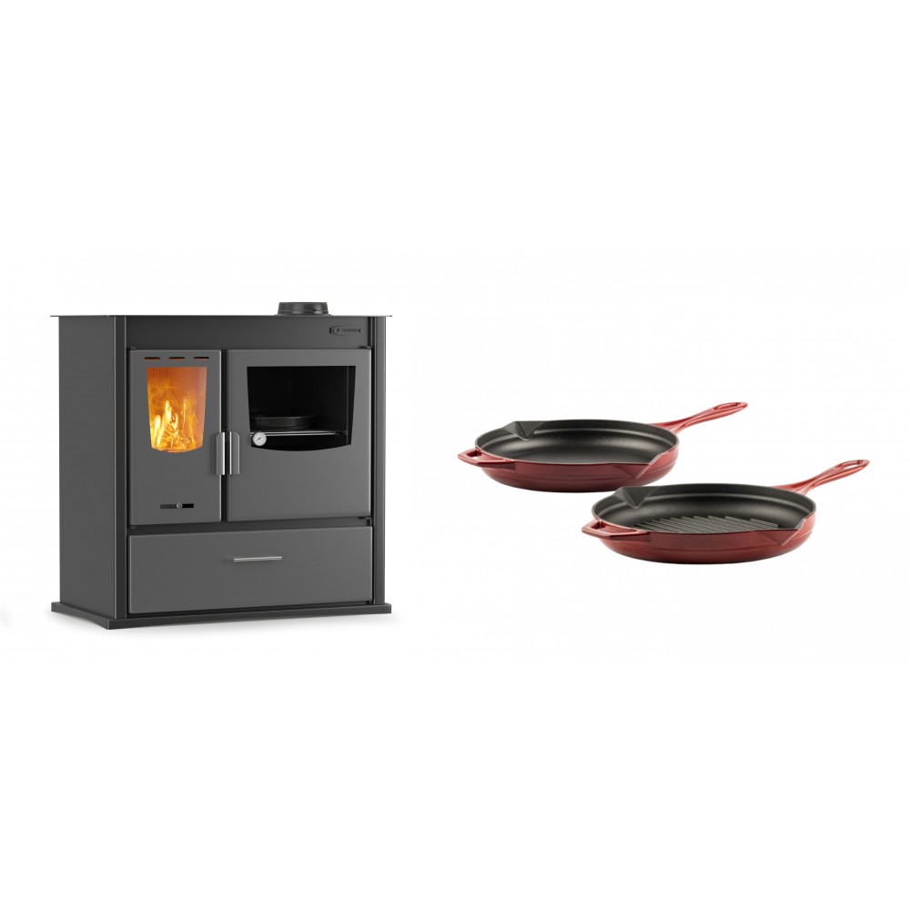 Set Küchenofen / Küchenhexe mit Backofen und Kochplatte Velmora Fire ATS ΜΑSΙΝΑ PLUS 900, 12.15kW + Gusseisen Topf Set aus 2 teilen Solagio, Rubin
