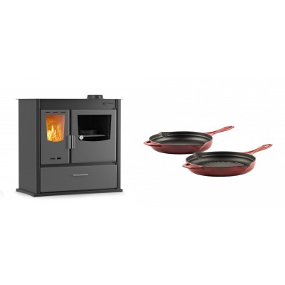 Set Küchenofen / Küchenhexe mit Backofen und Kochplatte Velmora Fire ATS ΜΑSΙΝΑ PLUS 900, 12.15kW + Gusseisen Topf Set aus 2 teilen Solagio, Rubin - Kaminofen - Holzofen mit Backfach