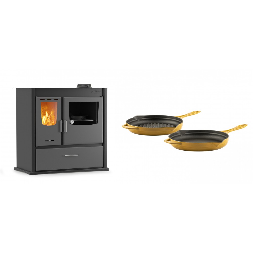 Set Küchenofen / Küchenhexe mit Backofen und Kochplatte Velmora Fire ATS ΜΑSΙΝΑ PLUS 900, 12.15kW + Gusseisen Topf Set aus 2 teilen Solagio, Dijon