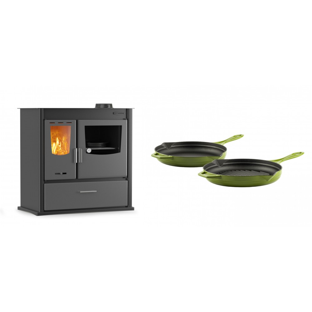Set Küchenofen / Küchenhexe mit Backofen und Kochplatte Velmora Fire ATS ΜΑSΙΝΑ PLUS 900, 12.15kW + Gusseisen Topf Set aus 2 teilen Solagio, Bamboo | Holzofen | Kaminofen |
