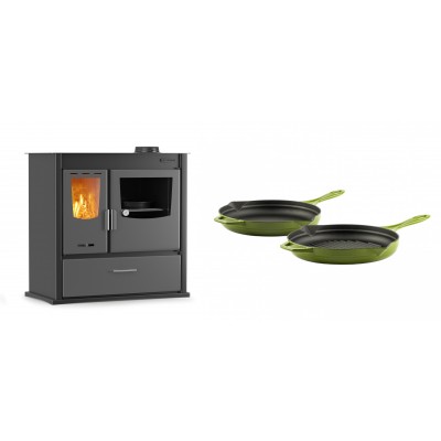 Set Küchenofen / Küchenhexe mit Backofen und Kochplatte Velmora Fire ATS ΜΑSΙΝΑ PLUS 900, 12.15kW + Gusseisen Topf Set aus 2 teilen Solagio, Bamboo - Kaminofen - Holzofen mit Backfach