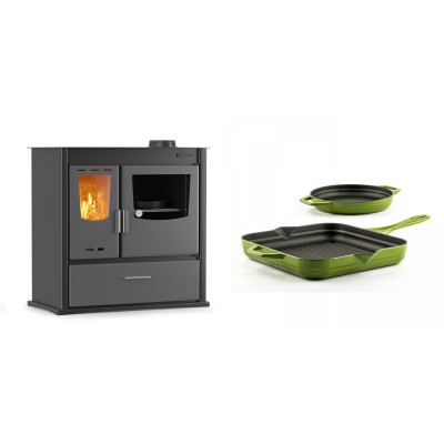 Set Küchenofen / Küchenhexe mit Backofen und Kochplatte Velmora Fire ATS ΜΑSΙΝΑ PLUS 900, 12.15kW + Gusseisen Topf Set aus 2 teilen Solagio, Bamboo - Kaminofen - Holzofen mit Backfach