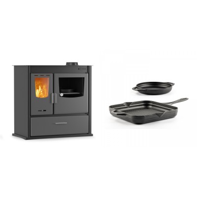 Set Küchenofen / Küchenhexe mit Backofen und Kochplatte Velmora Fire ATS ΜΑSΙΝΑ PLUS 900, 12.15kW + Gusseisen Topf Set aus 2 teilen Solagio, Black Onyx - Kaminofen - Holzofen mit Backfach