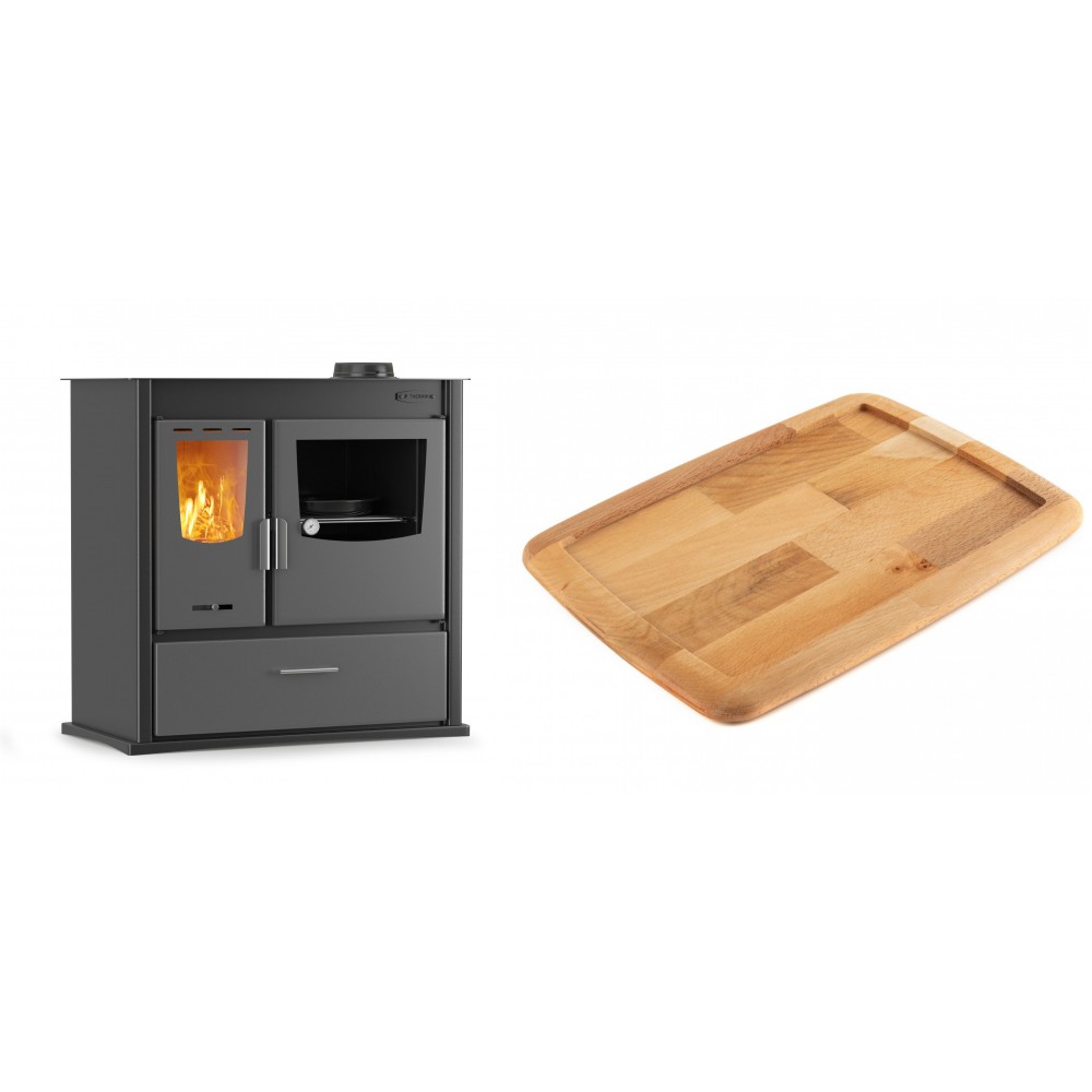 Set Küchenofen / Küchenhexe mit Backofen und Kochplatte Velmora Fire ATS ΜΑSΙΝΑ PLUS 900, 12.15kW + Holz untersetzer für gusseisenplatte Solagio HSST2131