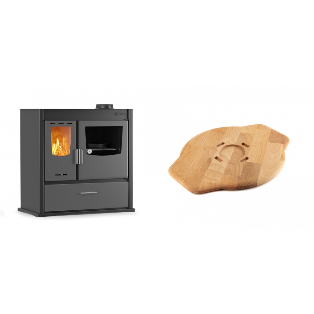 Set Küchenofen / Küchenhexe mit Backofen und Kochplatte Velmora Fire ATS ΜΑSΙΝΑ PLUS 900, 12.15kW + Holz untersetzer für Gusseisenplatte Solagio HSYSAK28