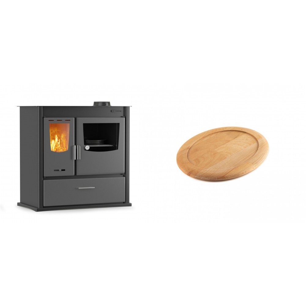 Set Küchenofen / Küchenhexe mit Backofen und Kochplatte Velmora Fire ATS ΜΑSΙΝΑ PLUS 900, 12.15kW + Holz untersetzer für ovale gusseisenpfanne Solagio HSFT1825