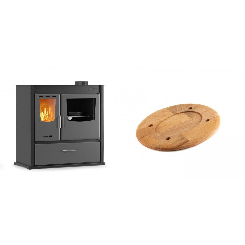 Set Küchenofen / Küchenhexe mit Backofen und Kochplatte Velmora Fire ATS ΜΑSΙΝΑ PLUS 900, 12.15kW + Holz untersetzer für ovale platte Solagio HSOISK1728, 17x28cm