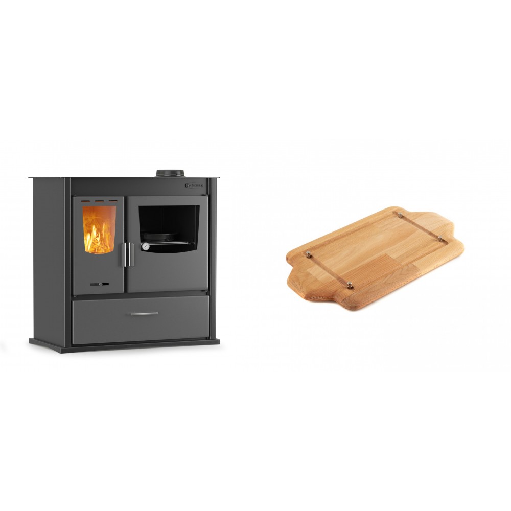 Set Küchenofen / Küchenhexe mit Backofen und Kochplatte Velmora Fire ATS ΜΑSΙΝΑ PLUS 900, 12.15kW + Holz untersetzer für mini-gusseisenplatte Solagio HSDDHP1522
