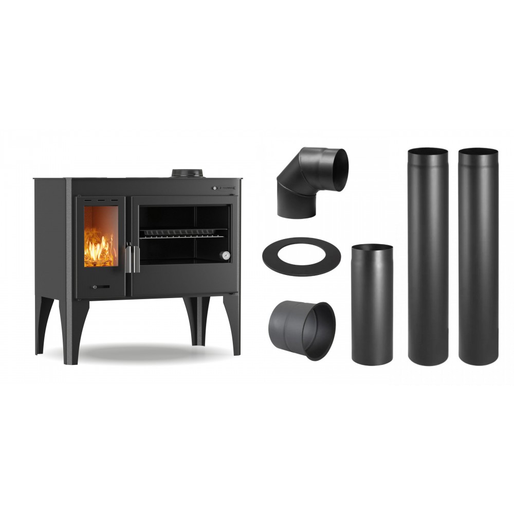 Set Küchenofen / Küchenhexe mit Backofen und Kochplatte Velmora Fire ATS ΜΑSΙΝΑ PLUS 500, 11.2kW + Schornstein Bausatz PARKANEX, Stahl Ø150, Dicke 2mm