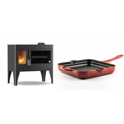 Set Küchenofen / Küchenhexe mit Backofen und Kochplatte Velmora Fire ATS ΜΑSΙΝΑ PLUS 500, 11.2kW + Emaillierte grillpfanne Gusseisen Solagio, Rubin, 28x28cm - Kaminofen - Holzofen mit Backfach