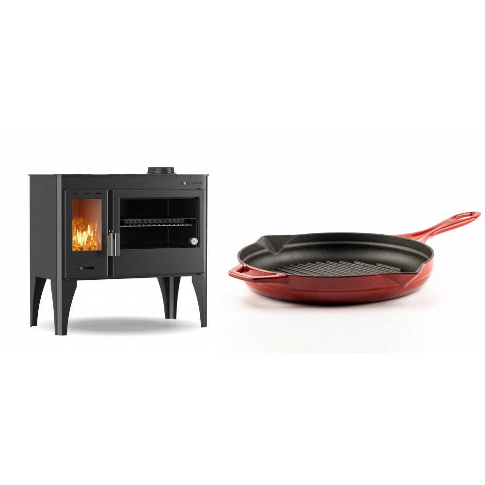 Set Küchenofen / Küchenhexe mit Backofen und Kochplatte Velmora Fire ATS ΜΑSΙΝΑ PLUS 500, 11.2kW + Emaillierte grillpfanne Gusseisen Solagio, Rubin, Ф28cm | Holzofen | Kaminofen |
