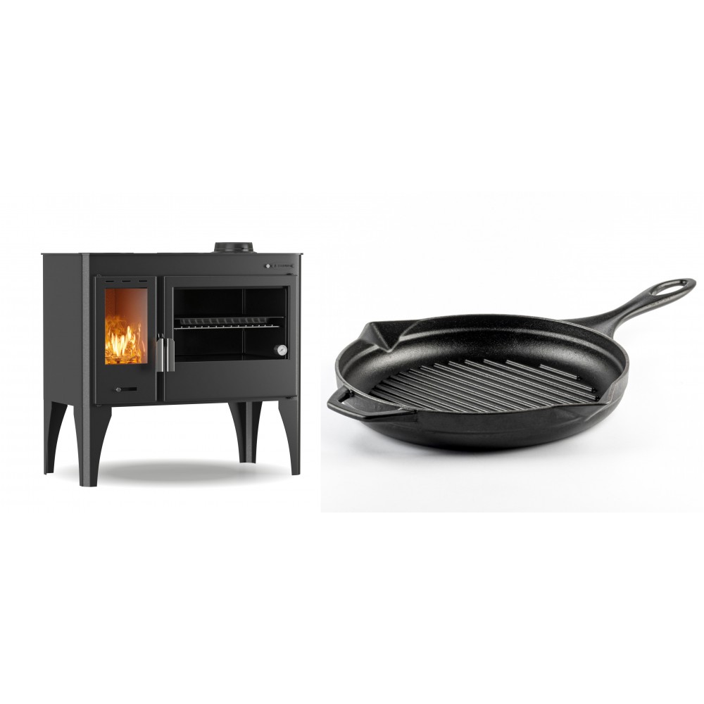 Set Küchenofen / Küchenhexe mit Backofen und Kochplatte Velmora Fire ATS ΜΑSΙΝΑ PLUS 500, 11.2kW + Emaillierte grillpfanne Gusseisen Solagio, Black Onyx, Ф28cm