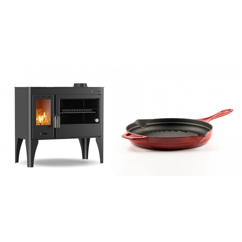 Set Küchenofen / Küchenhexe mit Backofen und Kochplatte Velmora Fire ATS ΜΑSΙΝΑ PLUS 500, 11.2kW + Emaillierte grillpfanne Gusseisen Solagio, Rubin, Ф24cm | Holzofen | Kaminofen |