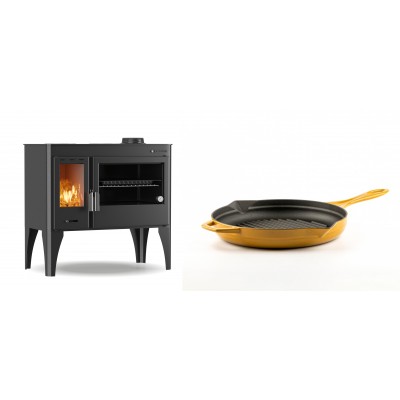 Set Küchenofen / Küchenhexe mit Backofen und Kochplatte Velmora Fire ATS ΜΑSΙΝΑ PLUS 500, 11.2kW + Emaillierte grillpfanne Gusseisen Solagio, Dijon, Ф24cm - Kaminofen - Holzofen mit Backfach