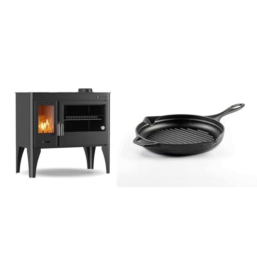 Set Küchenofen / Küchenhexe mit Backofen und Kochplatte Velmora Fire ATS ΜΑSΙΝΑ PLUS 500, 11.2kW + Emaillierte grillpfanne Gusseisen Solagio, Black Onyx, Ф24cm