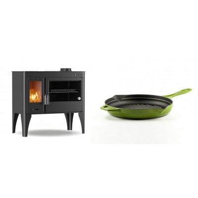 Set Küchenofen / Küchenhexe mit Backofen und Kochplatte Velmora Fire ATS ΜΑSΙΝΑ PLUS 500, 11.2kW + Emaillierte grillpfanne Gusseisen Solagio, Bamboo, Ф24cm - Kaminofen - Holzofen mit Backfach