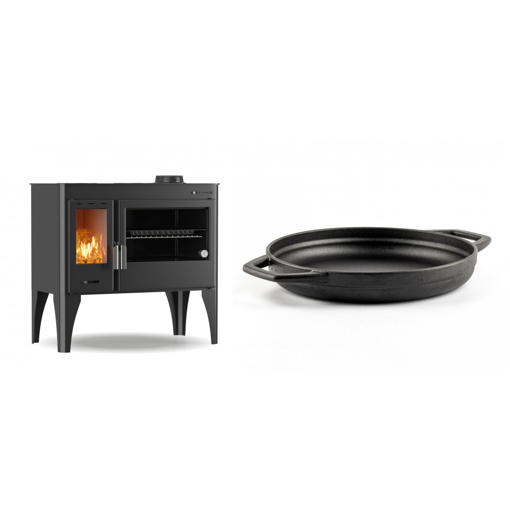 Set Küchenofen / Küchenhexe mit Backofen und Kochplatte Velmora Fire ATS ΜΑSΙΝΑ PLUS 500, 11.2kW + Emaillierte gusseisenpfanne mit zwei Griffen Solagio, Black Onyx, Ф22cm
