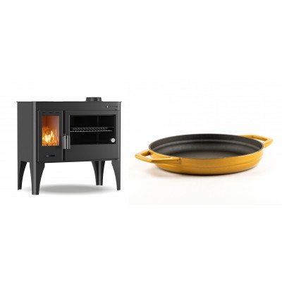 Set Küchenofen / Küchenhexe mit Backofen und Kochplatte Velmora Fire ATS ΜΑSΙΝΑ PLUS 500, 11.2kW + Emaillierte gusseisenpfanne mit zwei Griffen Solagio, Dijon, Ф22cm - Kaminofen - Holzofen mit Backfach