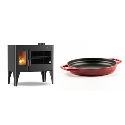 Set Küchenofen / Küchenhexe mit Backofen und Kochplatte Velmora Fire ATS ΜΑSΙΝΑ PLUS 500, 11.2kW + Emaillierte gusseisenpfanne mit zwei Griffen Solagio, Rubin, Ф22cm - Kaminofen - Holzofen mit Backfach