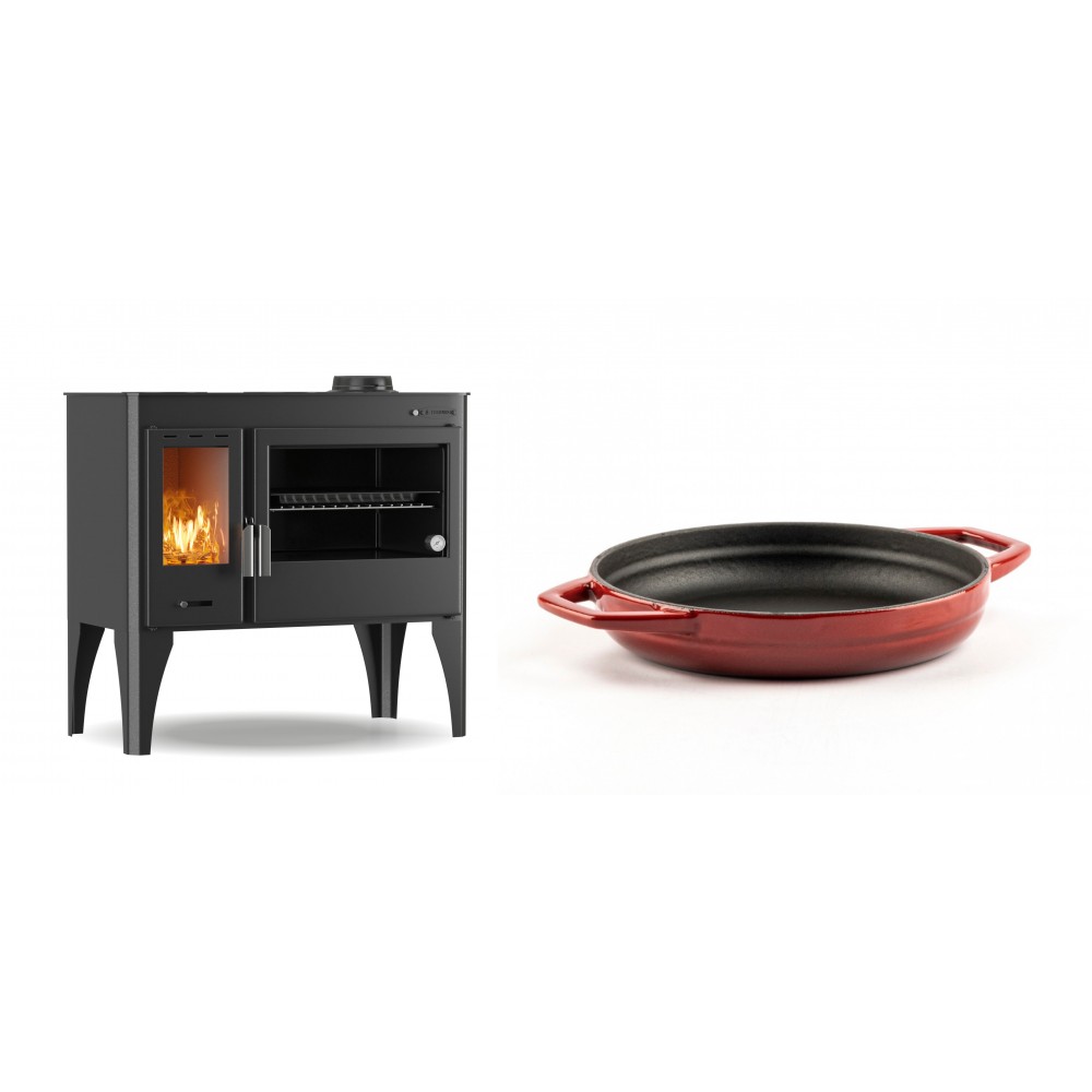 Set Küchenofen / Küchenhexe mit Backofen und Kochplatte Velmora Fire ATS ΜΑSΙΝΑ PLUS 500, 11.2kW + Emaillierte gusseisenpfanne mit zwei Griffen Solagio, Rubin, Ф19cm | Holzofen | Kaminofen |