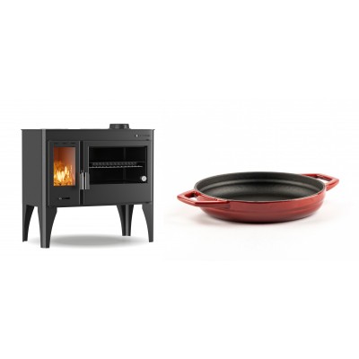 Set Küchenofen / Küchenhexe mit Backofen und Kochplatte Velmora Fire ATS ΜΑSΙΝΑ PLUS 500, 11.2kW + Emaillierte gusseisenpfanne mit zwei Griffen Solagio, Rubin, Ф19cm - Kaminofen - Holzofen mit Backfach
