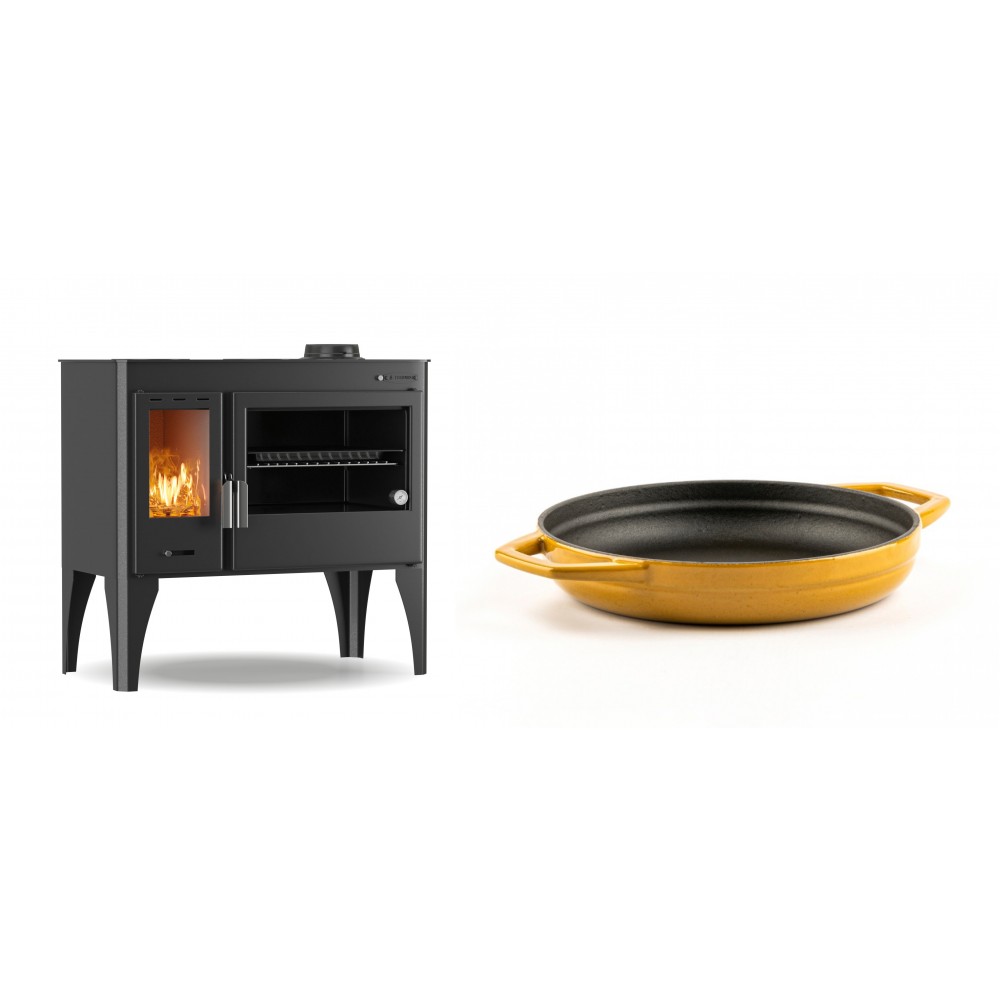 Set Küchenofen / Küchenhexe mit Backofen und Kochplatte Velmora Fire ATS ΜΑSΙΝΑ PLUS 500, 11.2kW + Emaillierte gusseisenpfanne mit zwei Griffen Solagio, Dijon, Ф19cm