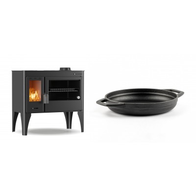 Set Küchenofen / Küchenhexe mit Backofen und Kochplatte Velmora Fire ATS ΜΑSΙΝΑ PLUS 500, 11.2kW + Emaillierte gusseisenpfanne mit zwei Griffen Solagio, Black Onyx, Ф19cm - Kaminofen - Holzofen mit Backfach