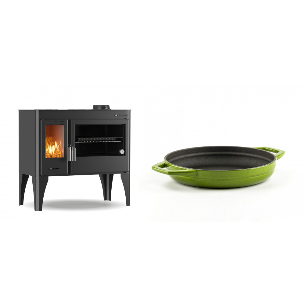 Set Küchenofen / Küchenhexe mit Backofen und Kochplatte Velmora Fire ATS ΜΑSΙΝΑ PLUS 500, 11.2kW + Emaillierte gusseisenpfanne mit zwei Griffen Solagio, Bamboo, Ф19cm | Holzofen | Kaminofen |
