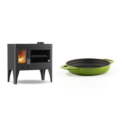 Set Küchenofen / Küchenhexe mit Backofen und Kochplatte Velmora Fire ATS ΜΑSΙΝΑ PLUS 500, 11.2kW + Emaillierte gusseisenpfanne mit zwei Griffen Solagio, Bamboo, Ф19cm - Kaminofen - Holzofen mit Backfach