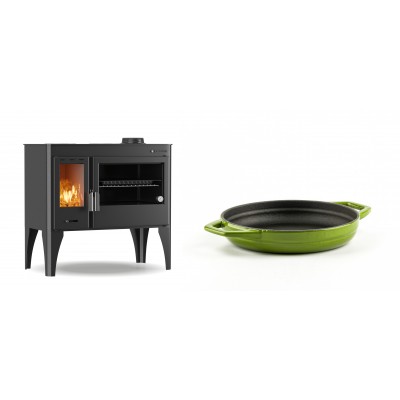 Set Küchenofen / Küchenhexe mit Backofen und Kochplatte Velmora Fire ATS ΜΑSΙΝΑ PLUS 500, 11.2kW + Emaillierte gusseisenpfanne mit zwei Griffen Solagio, Bamboo, Ф16cm - Kaminofen - Holzofen mit Backfach